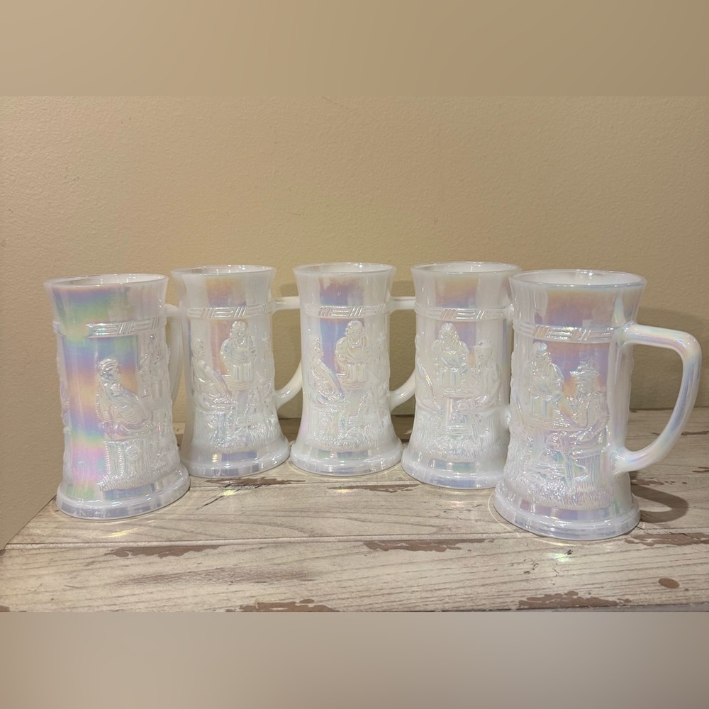 Vintage Federal Glass Co. White Pearl Iridescent Beer Mugs Steins, Set of 5